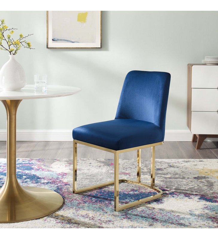 Amplify Sled Base Performance Velvet Dining Side Chair in Gold Navy - Lexmod