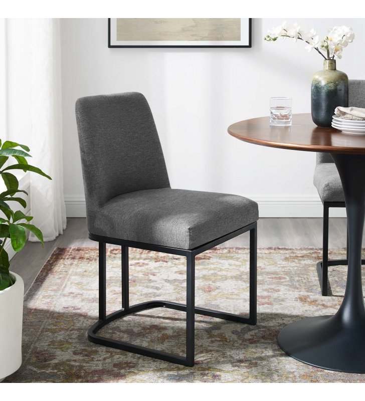 Amplify Sled Base Upholstered Fabric Dining Side Chair in Black Charcoal - Lexmod