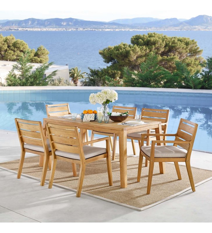 Portsmouth 7 Piece Outdoor Patio Karri Wood Dining Set in Natural Taupe - Lexmod