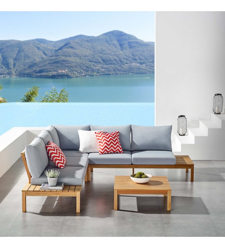 Freeport 4 Piece Outdoor Patio Karri Wood Set in Natural Light Blue - Lexmod