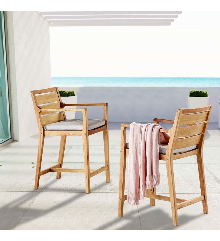Portsmouth Outdoor Patio Karri Wood Bar Stool Set of 2 in Natural Taupe - Lexmod