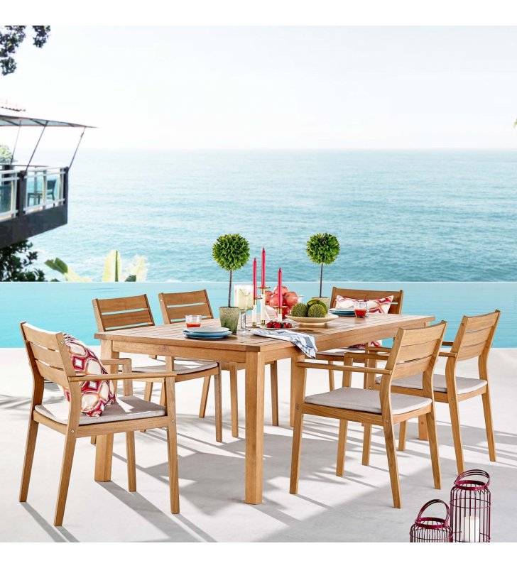 Viewscape 7 Piece Outdoor Patio Ash Wood Dining Set in Natural Taupe - Lexmod