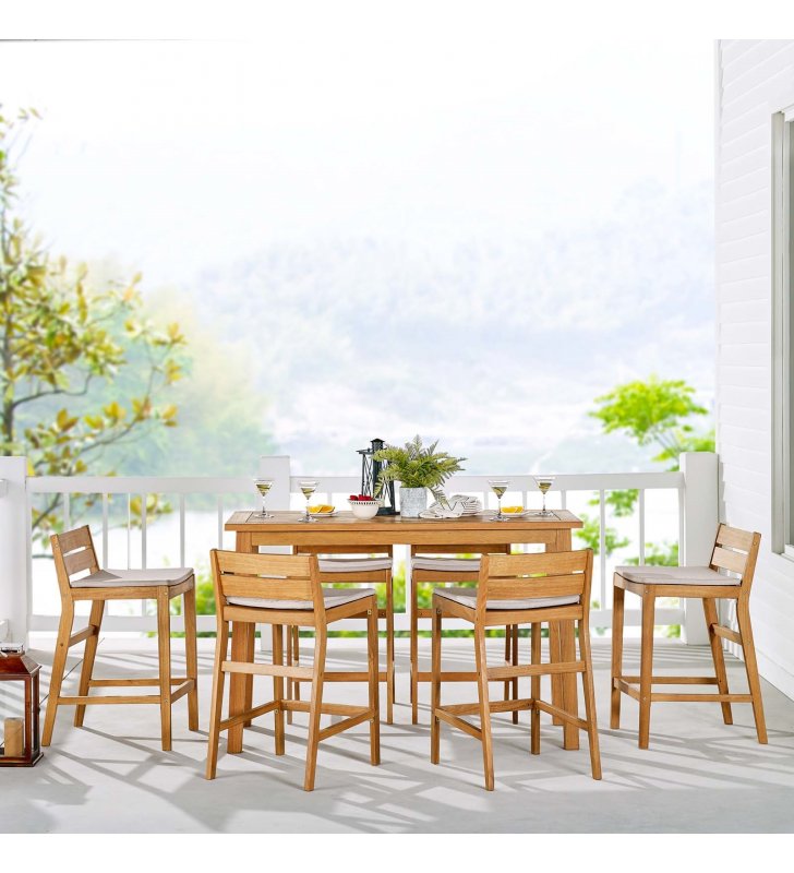 Riverlake 7 Piece Outdoor Patio Ash Wood Bar Set in Natural Taupe - Lexmod