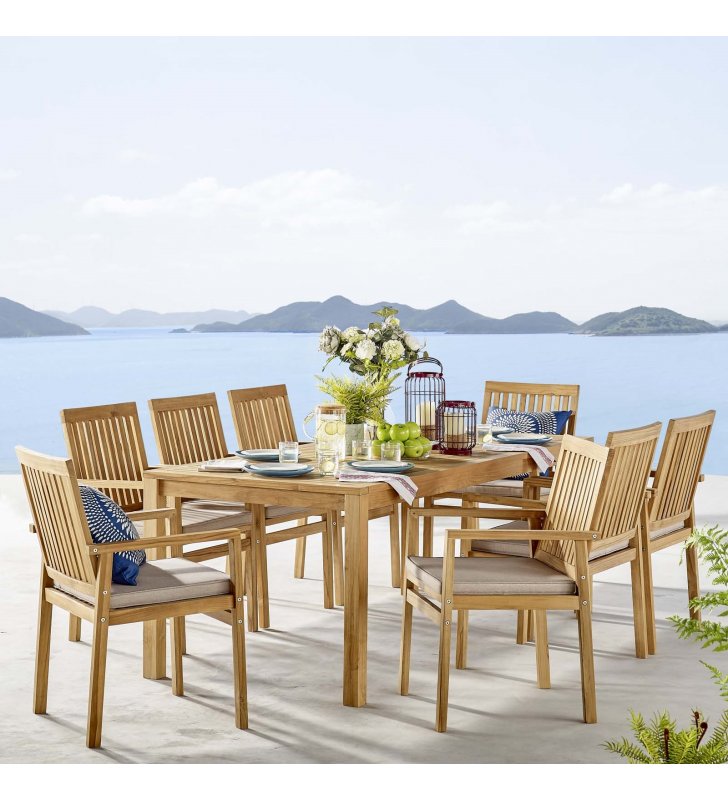 Farmstay 9 Piece Outdoor Patio Teak Wood Dining Set in Natural Taupe - Lexmod