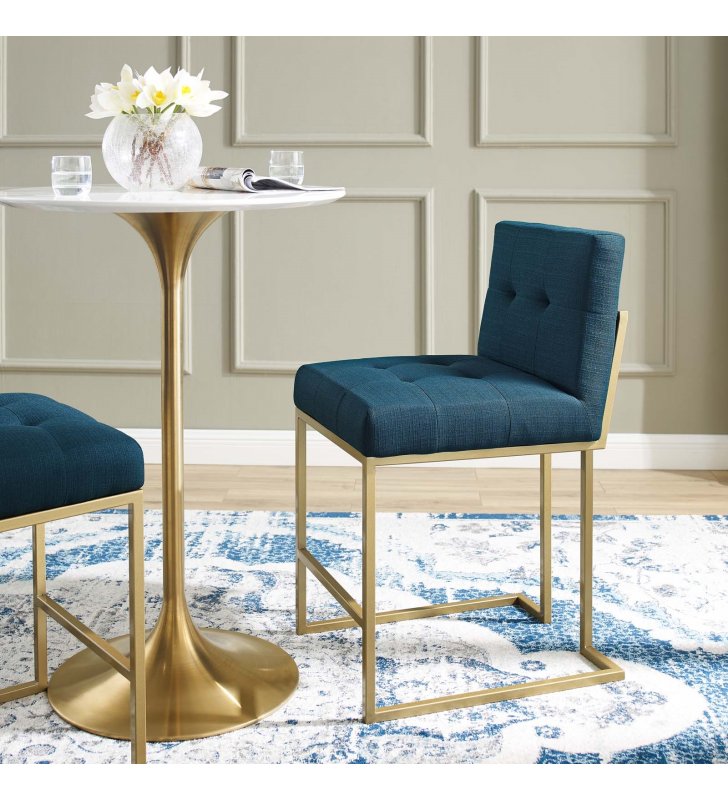 Privy Gold Stainless Steel Upholstered Fabric Counter Stool in Gold Azure - Lexmod
