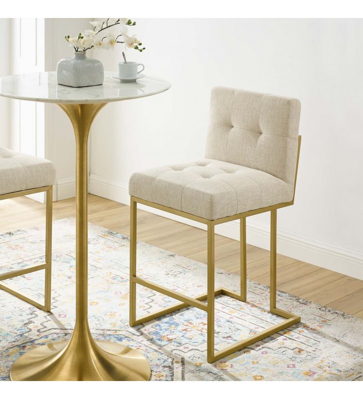 Privy Gold Stainless Steel Upholstered Fabric Counter Stool in Gold Beige - Lexmod