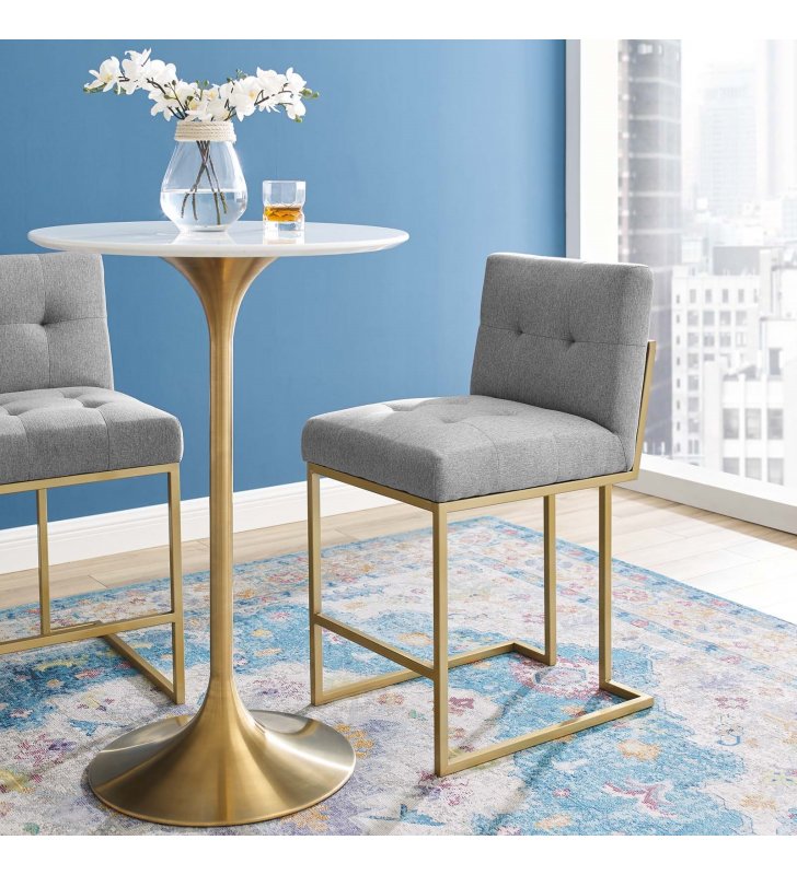 Privy Gold Stainless Steel Upholstered Fabric Counter Stool in Gold Light Gray - Lexmod