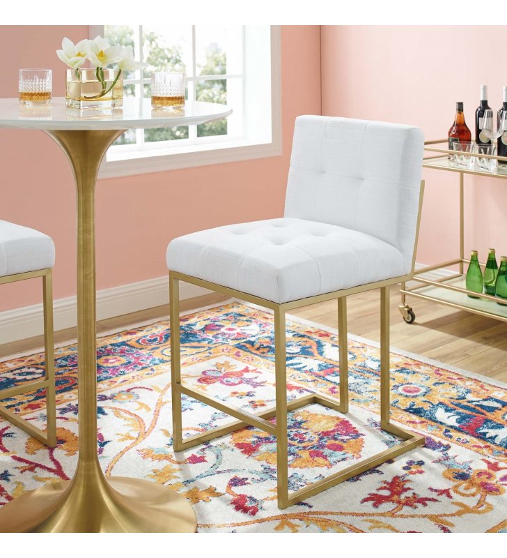 Privy Gold Stainless Steel Upholstered Fabric Counter Stool in Gold White - Lexmod