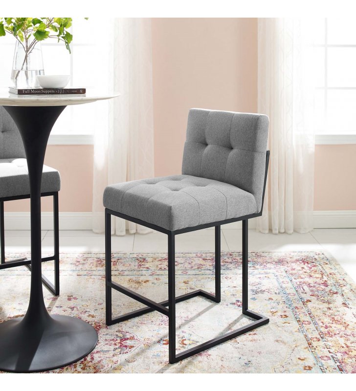 Privy Black Stainless Steel Upholstered Fabric Counter Stool in Black Light Gray - Lexmod
