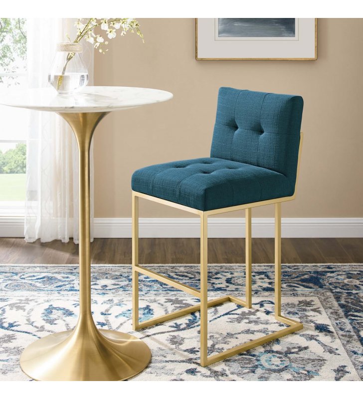 Privy Gold Stainless Steel Upholstered Fabric Bar Stool in Gold Azure - Lexmod