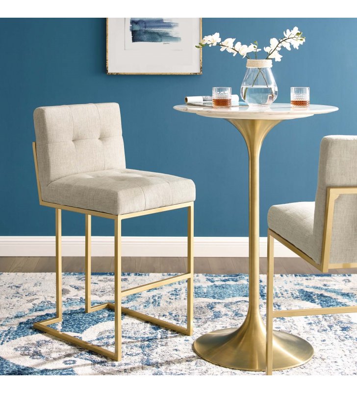 Privy Gold Stainless Steel Upholstered Fabric Bar Stool in Gold Beige - Lexmod