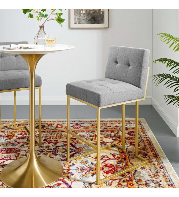 Privy Gold Stainless Steel Upholstered Fabric Bar Stool in Gold Light Gray - Lexmod
