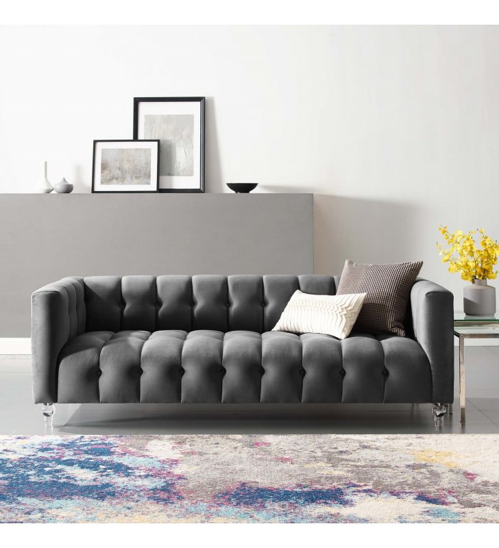 Mesmer Channel Tufted Button Performance Velvet Sofa in Charcoal - Lexmod
