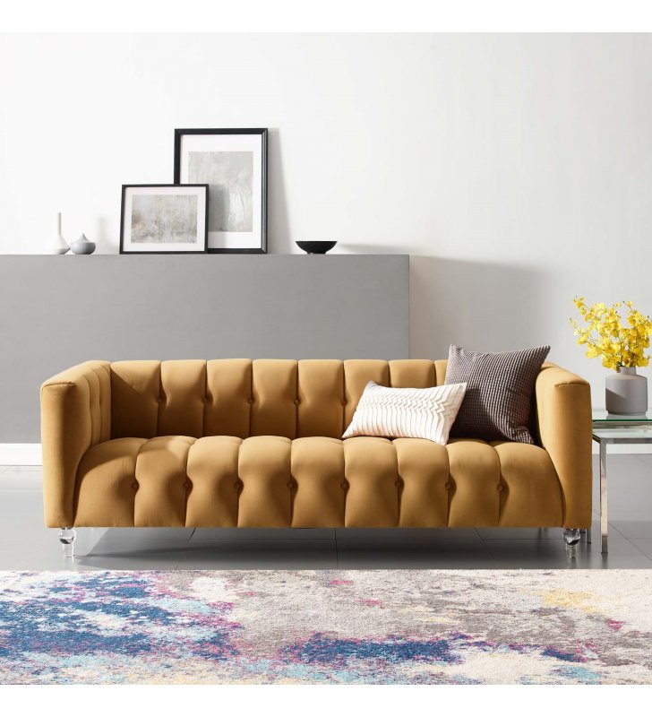 Mesmer Channel Tufted Button Performance Velvet Sofa in Cognac - Lexmod