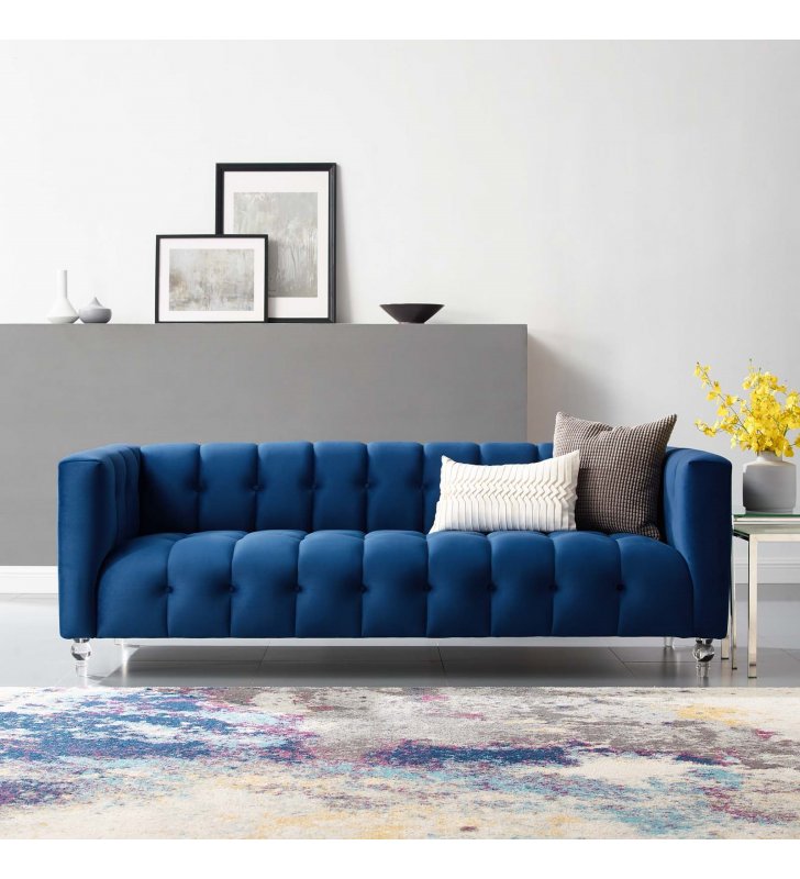 Mesmer Channel Tufted Button Performance Velvet Sofa in Navy - Lexmod