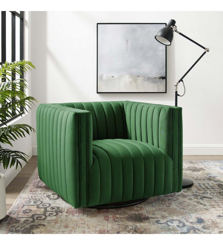 Conjure Channel Tufted Performance Velvet Swivel Armchair in Emerald - Lexmod