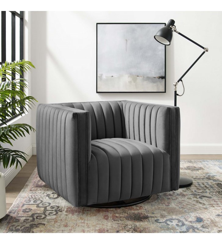 Conjure Channel Tufted Performance Velvet Swivel Armchair in Gray - Lexmod