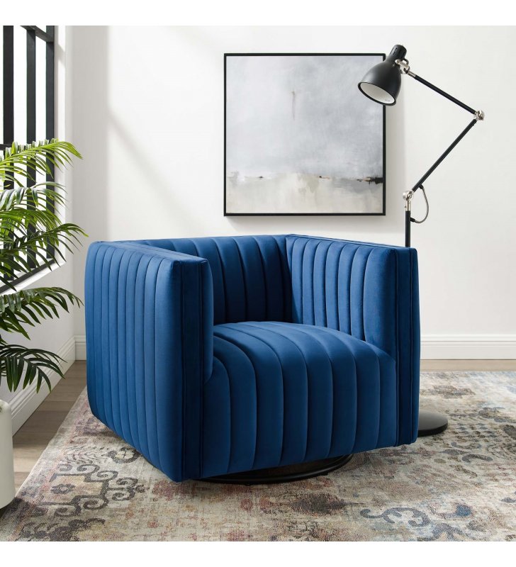 Conjure Channel Tufted Performance Velvet Swivel Armchair in Navy - Lexmod