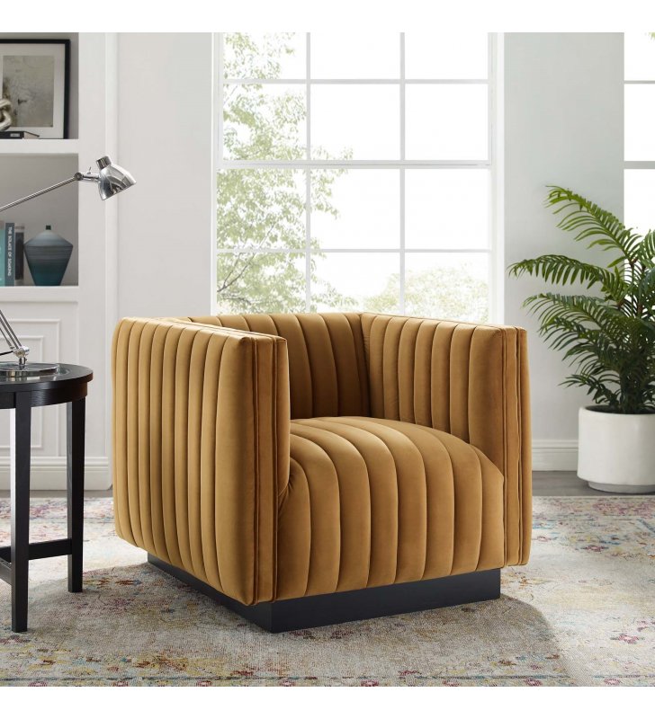 Conjure Channel Tufted Performance Velvet Accent Armchair in Cognac - Lexmod