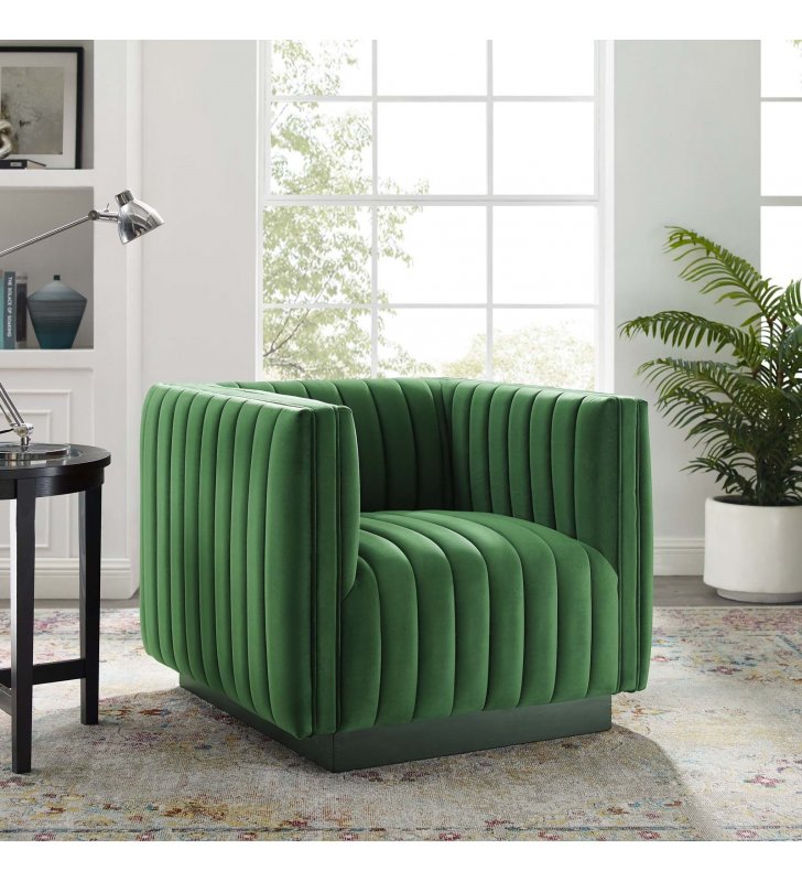 Conjure Channel Tufted Performance Velvet Accent Armchair in Emerald - Lexmod
