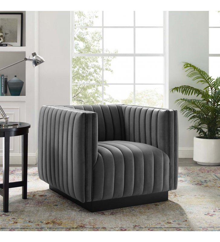 Conjure Channel Tufted Performance Velvet Accent Armchair in Gray - Lexmod