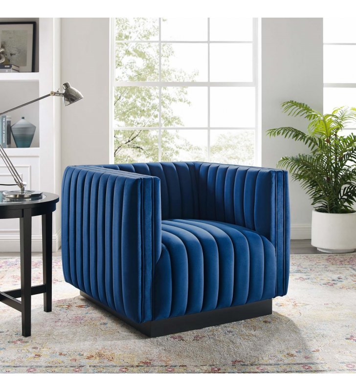 Conjure Channel Tufted Performance Velvet Accent Armchair in Navy - Lexmod