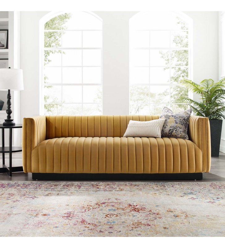 Conjure Channel Tufted Velvet Sofa in Cognac - Lexmod