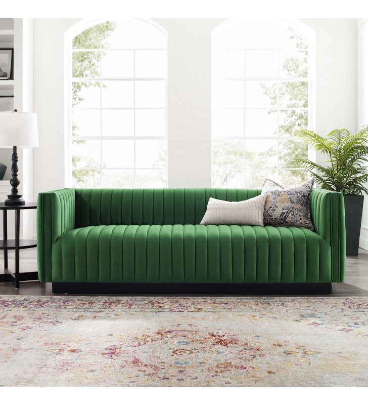 Conjure Channel Tufted Velvet Sofa in Emerald - Lexmod