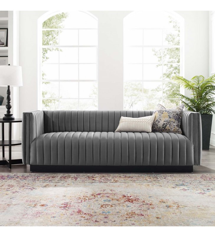 Conjure Channel Tufted Velvet Sofa in Gray - Lexmod