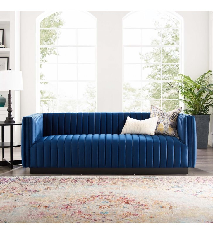 Conjure Channel Tufted Velvet Sofa in Navy - Lexmod