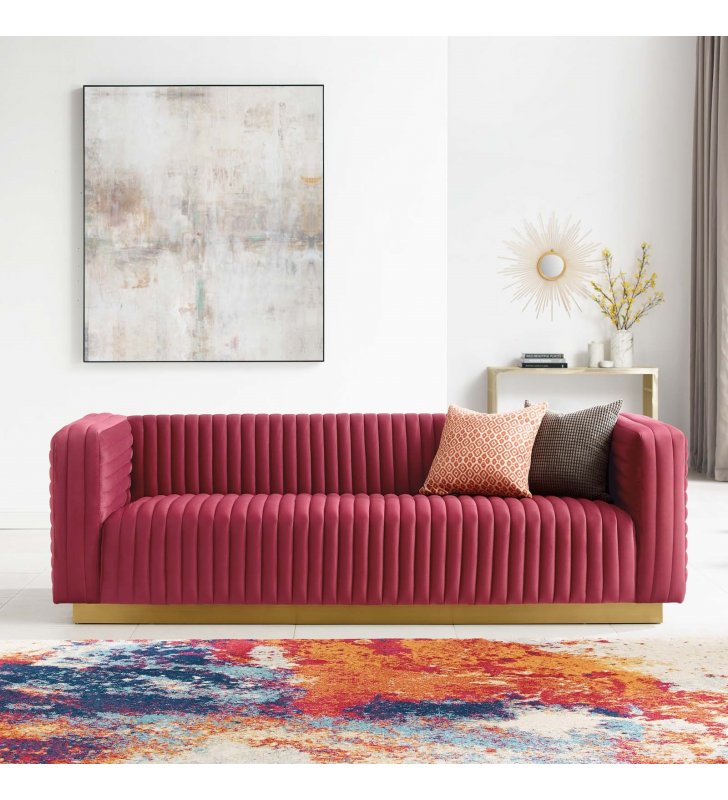 Charisma Channel Tufted Performance Velvet Living Room Sofa in Maroon - Lexmod