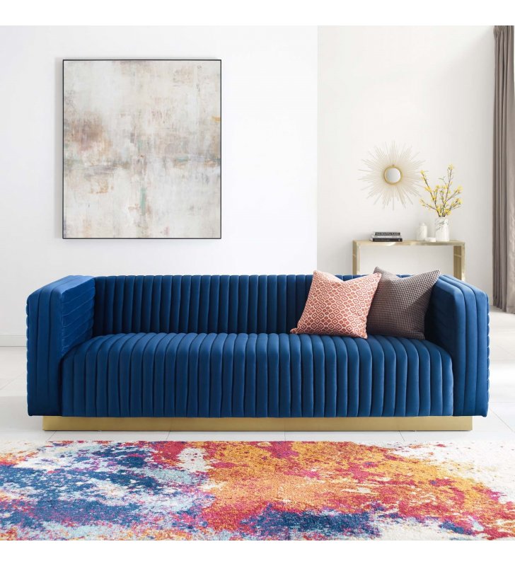 Charisma Channel Tufted Performance Velvet Living Room Sofa in Navy - Lexmod