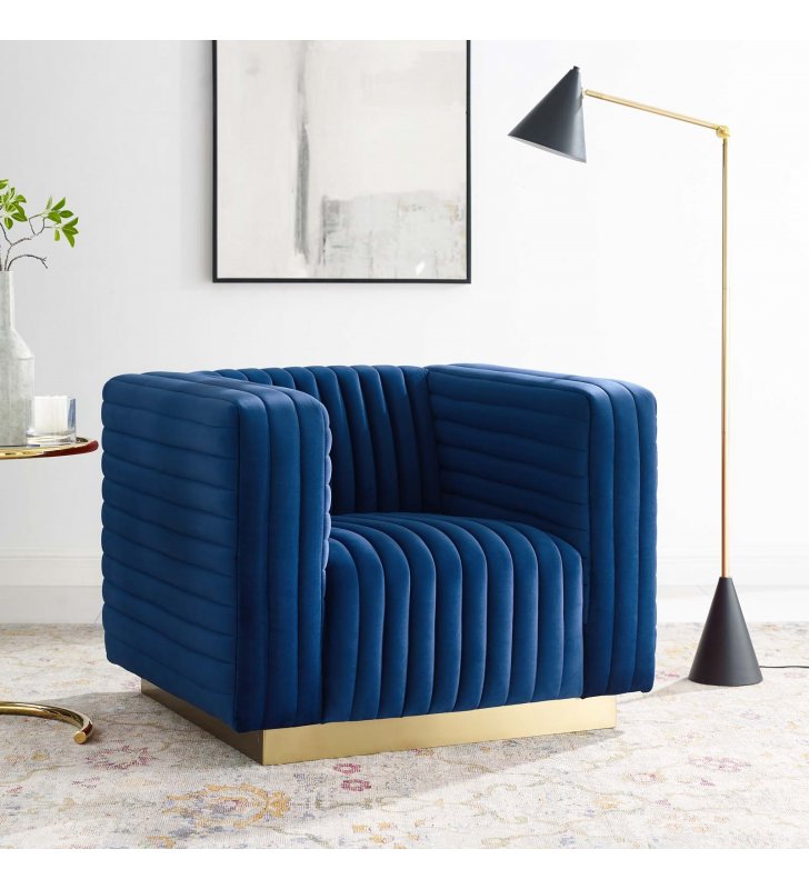 Charisma Channel Tufted Performance Velvet Accent Armchair in Navy - Lexmod