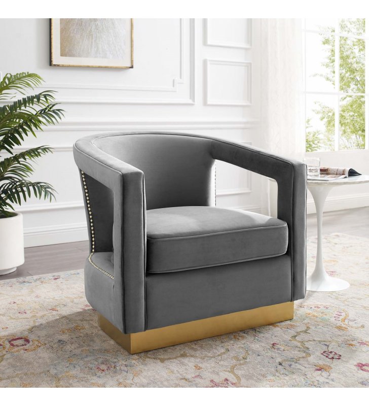 Frolick Performance Velvet Armchair in Gray - Lexmod