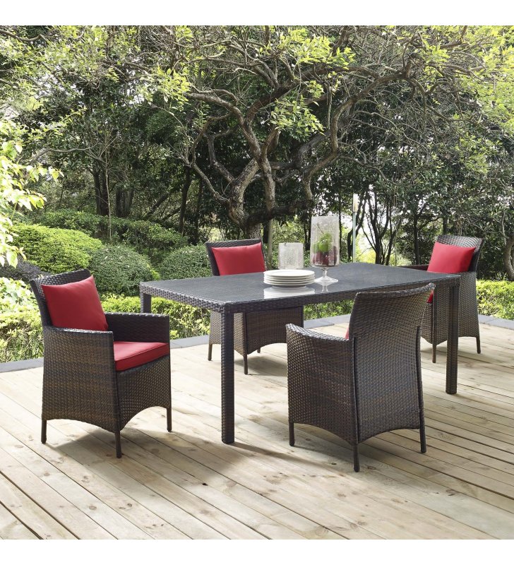 Conduit 5 Piece Outdoor Patio Wicker Rattan Set in Brown Red - Lexmod