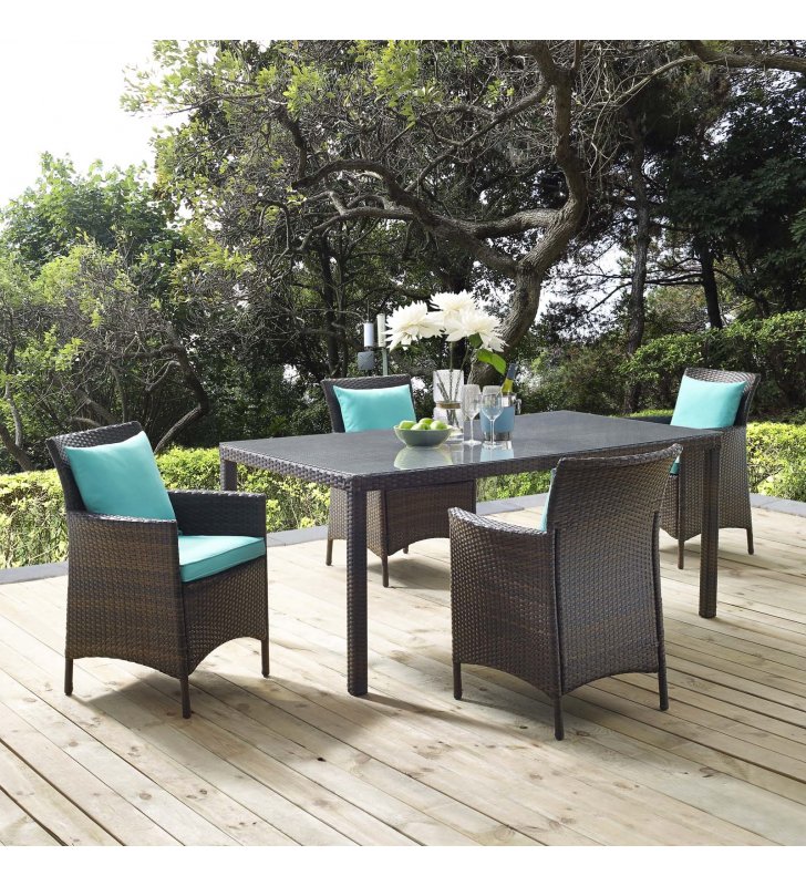 Conduit 5 Piece Outdoor Patio Wicker Rattan Set in Brown Turquoise - Lexmod
