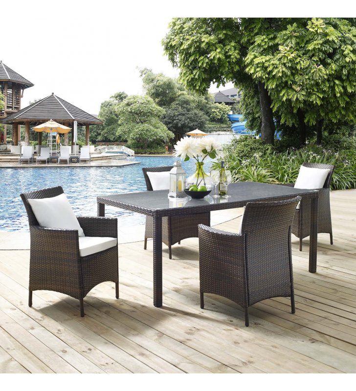 Conduit 5 Piece Outdoor Patio Wicker Rattan Set in Brown White - Lexmod