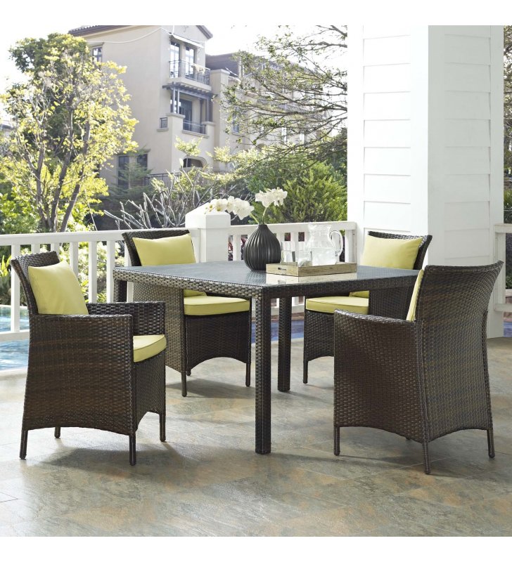 Conduit 5 Piece Outdoor Patio Wicker Rattan Set in Brown Peridot - Lexmod