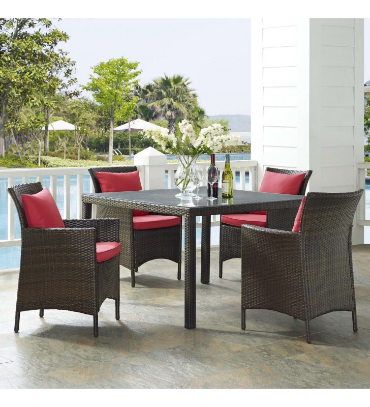 Conduit 5 Piece Outdoor Patio Wicker Rattan Set in Brown Red - Lexmod