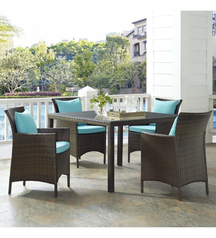 Conduit 5 Piece Outdoor Patio Wicker Rattan Set in Brown Turquoise - Lexmod