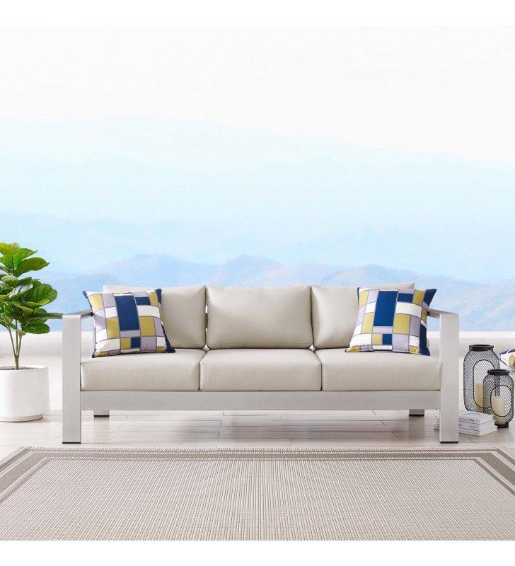 Shore Outdoor Patio Aluminum Sofa in Silver Beige - Lexmod