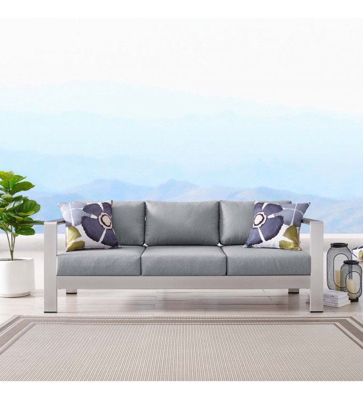Shore Outdoor Patio Aluminum Sofa in Silver Gray - Lexmod