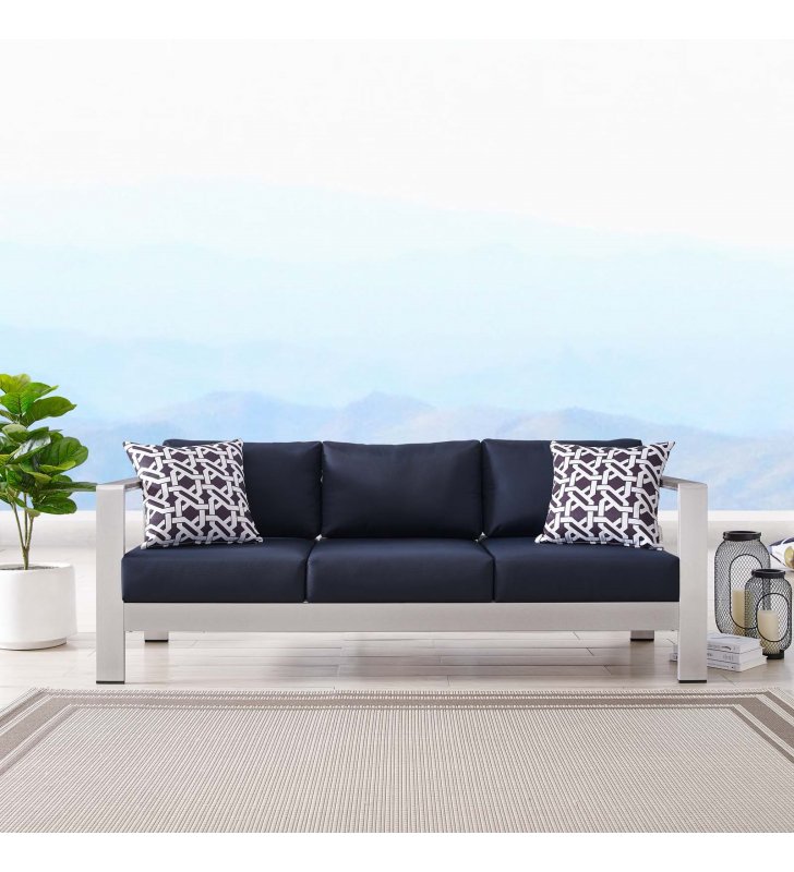 Shore Outdoor Patio Aluminum Sofa in Silver Navy - Lexmod