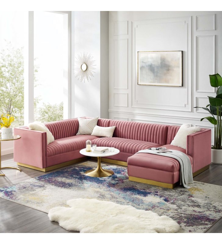 Sanguine 3 Piece Performance Velvet Sectional Sofa Set in Dusty Rose - Lexmod