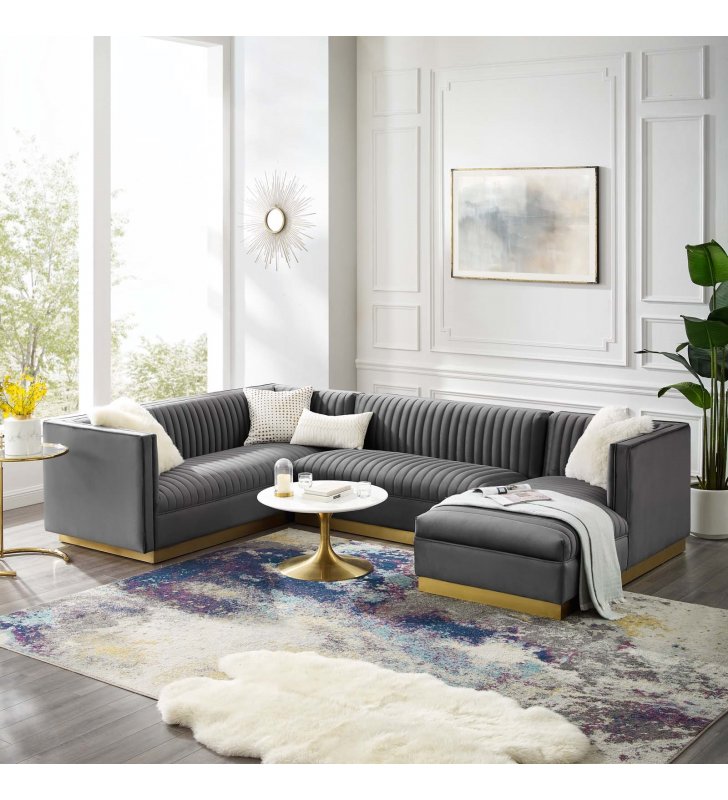 Sanguine 3 Piece Performance Velvet Sectional Sofa Set in Gray - Lexmod