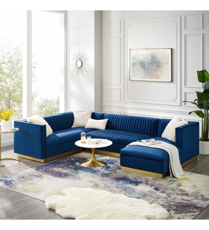 Sanguine 3 Piece Performance Velvet Sectional Sofa Set in Navy - Lexmod