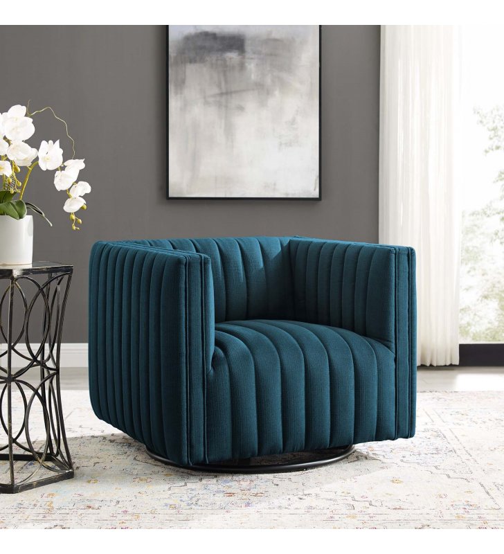 Conjure Tufted Swivel Upholstered Armchair in Azure - Lexmod