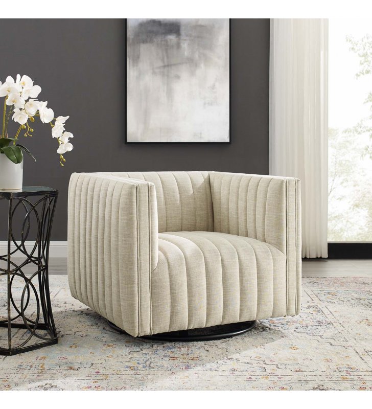 Conjure Tufted Swivel Upholstered Armchair in Beige - Lexmod