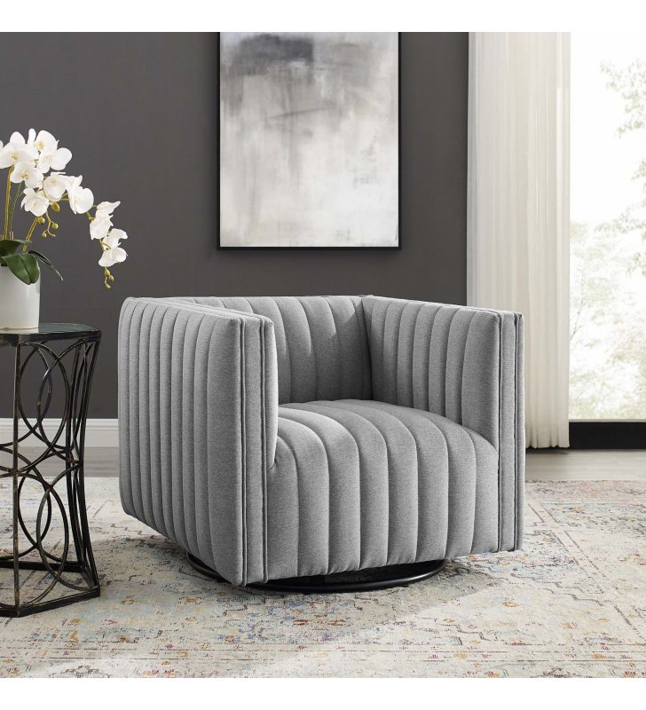 Conjure Tufted Swivel Upholstered Armchair in Light Gray - Lexmod
