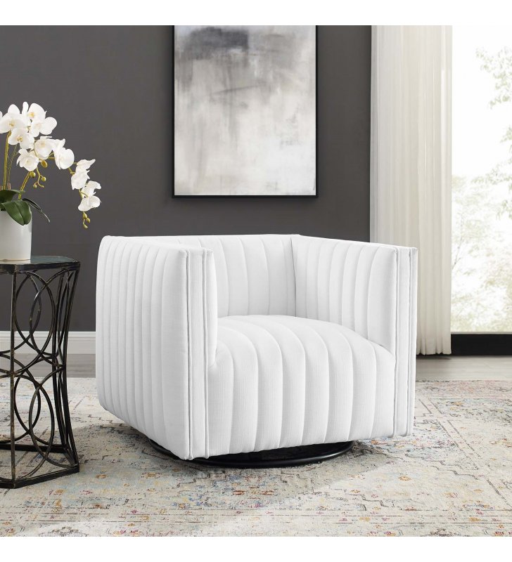Conjure Tufted Swivel Upholstered Armchair in White - Lexmod